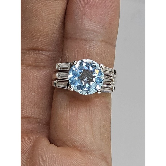 Vintage 925 Avon Blue Topaz & CZ Engagement Set SZ 4.75 - Picture 3 of 8